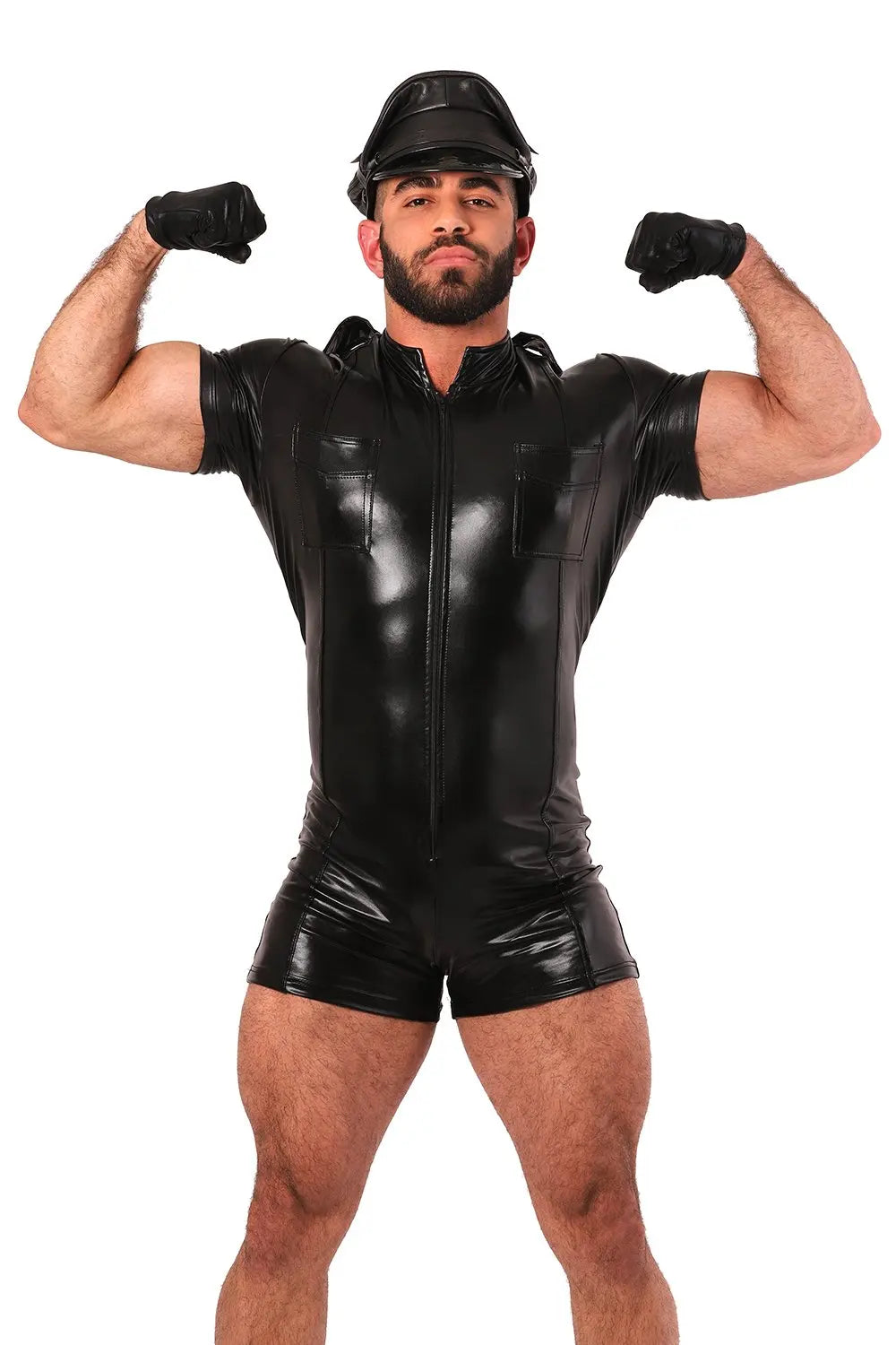 Men Leather Shirts Erotic Wetlook Fetish Faux Leather COP Police Uniform Costumes Sexy Men Gay Pride Zentai Suit Tight Bodysuit
