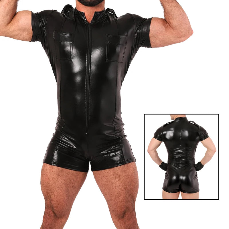 Men Leather Shirts Erotic Wetlook Fetish Faux Leather COP Police Uniform Costumes Sexy Men Gay Pride Zentai Suit Tight Bodysuit
