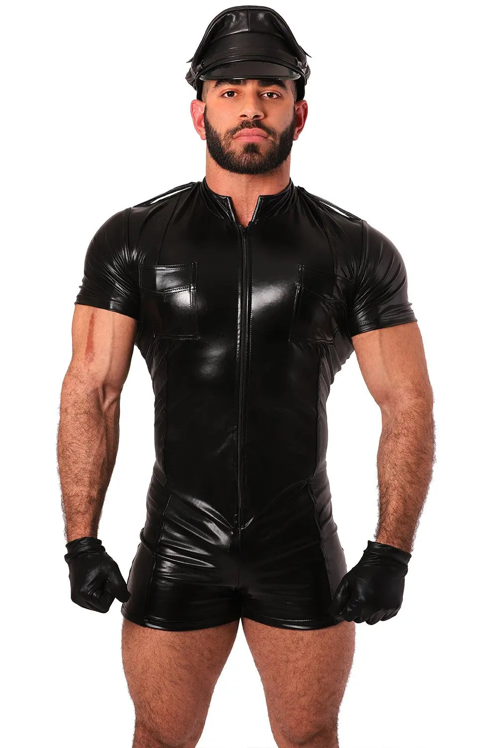 Men Leather Shirts Erotic Wetlook Fetish Faux Leather COP Police Uniform Costumes Sexy Men Gay Pride Zentai Suit Tight Bodysuit