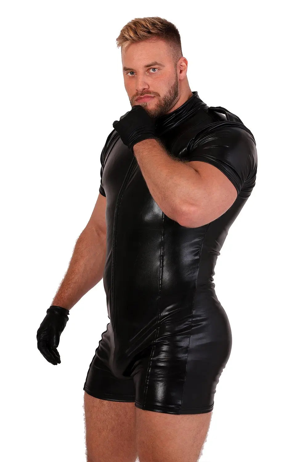 Men Leather Shirts Erotic Wetlook Fetish Faux Leather COP Police Uniform Costumes Sexy Men Gay Pride Zentai Suit Tight Bodysuit